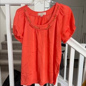 Michael Kors Coral Short Sleeve Blouse with Gold Chain Trim